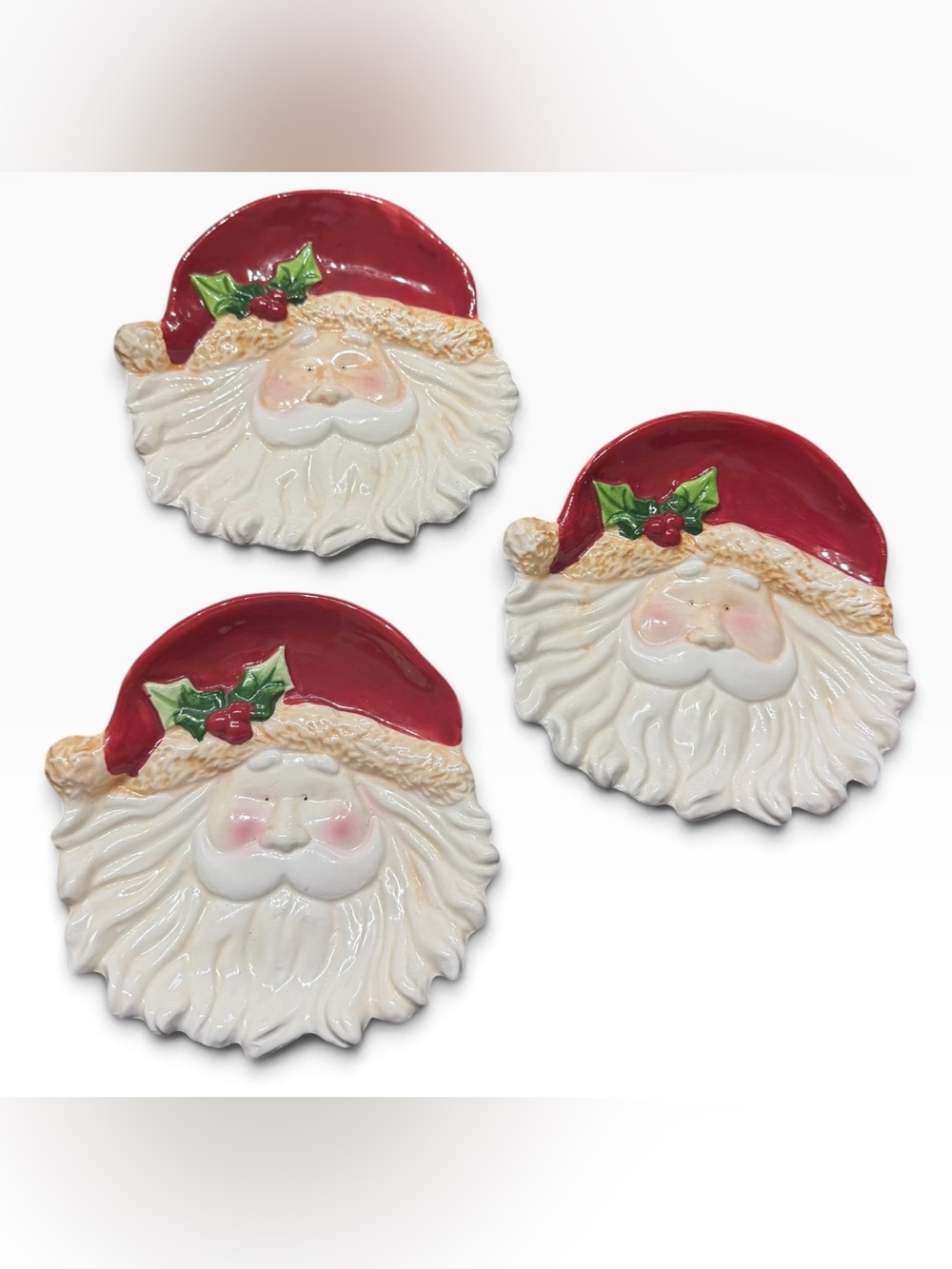Set of 3 Santa Claus Face Ceramic Plates Christmas Holly Holiday Decor